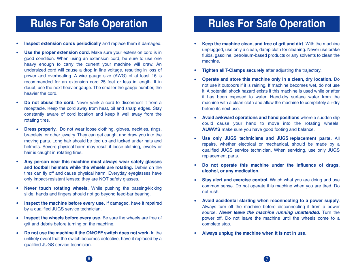 Rules for safe operation | JUGS Sports Field General Football Machine User Manual | Page 5 / 15