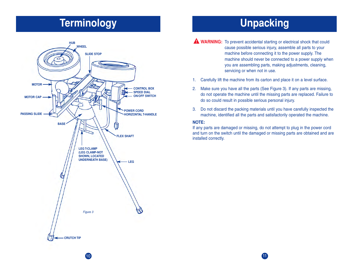 Unpacking, Terminology | JUGS Sports Field General Football Machine User Manual | Page 7 / 15