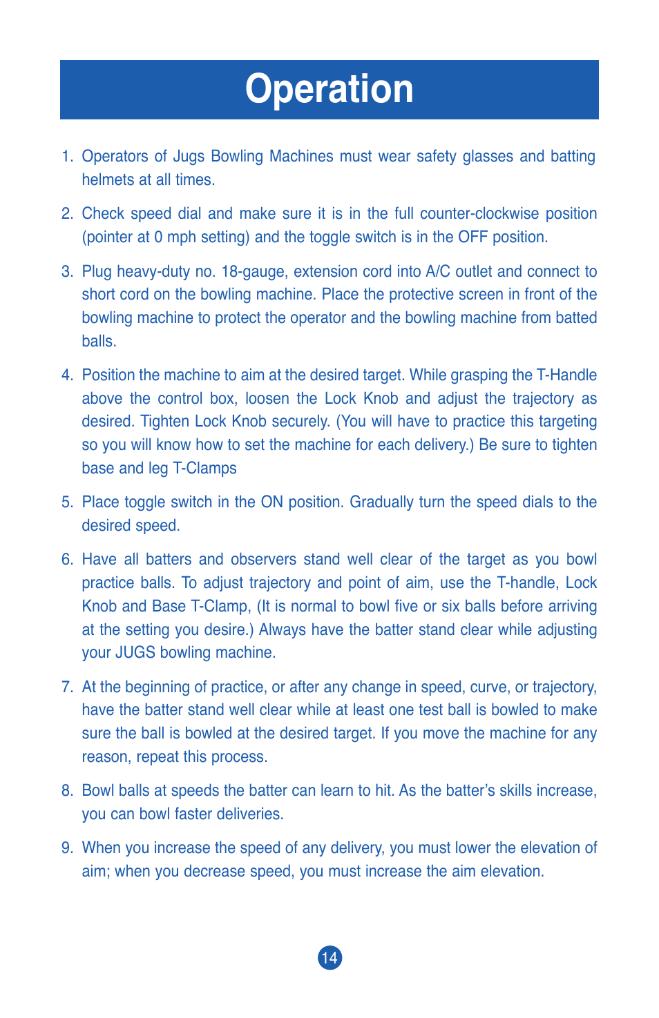 Operation | JUGS Sports Cricket Bowling Machine User Manual | Page 16 / 32