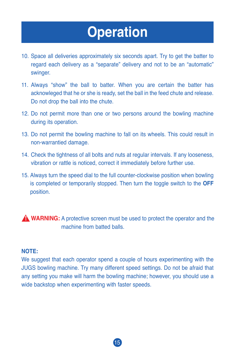 Operation | JUGS Sports Cricket Bowling Machine User Manual | Page 17 / 32