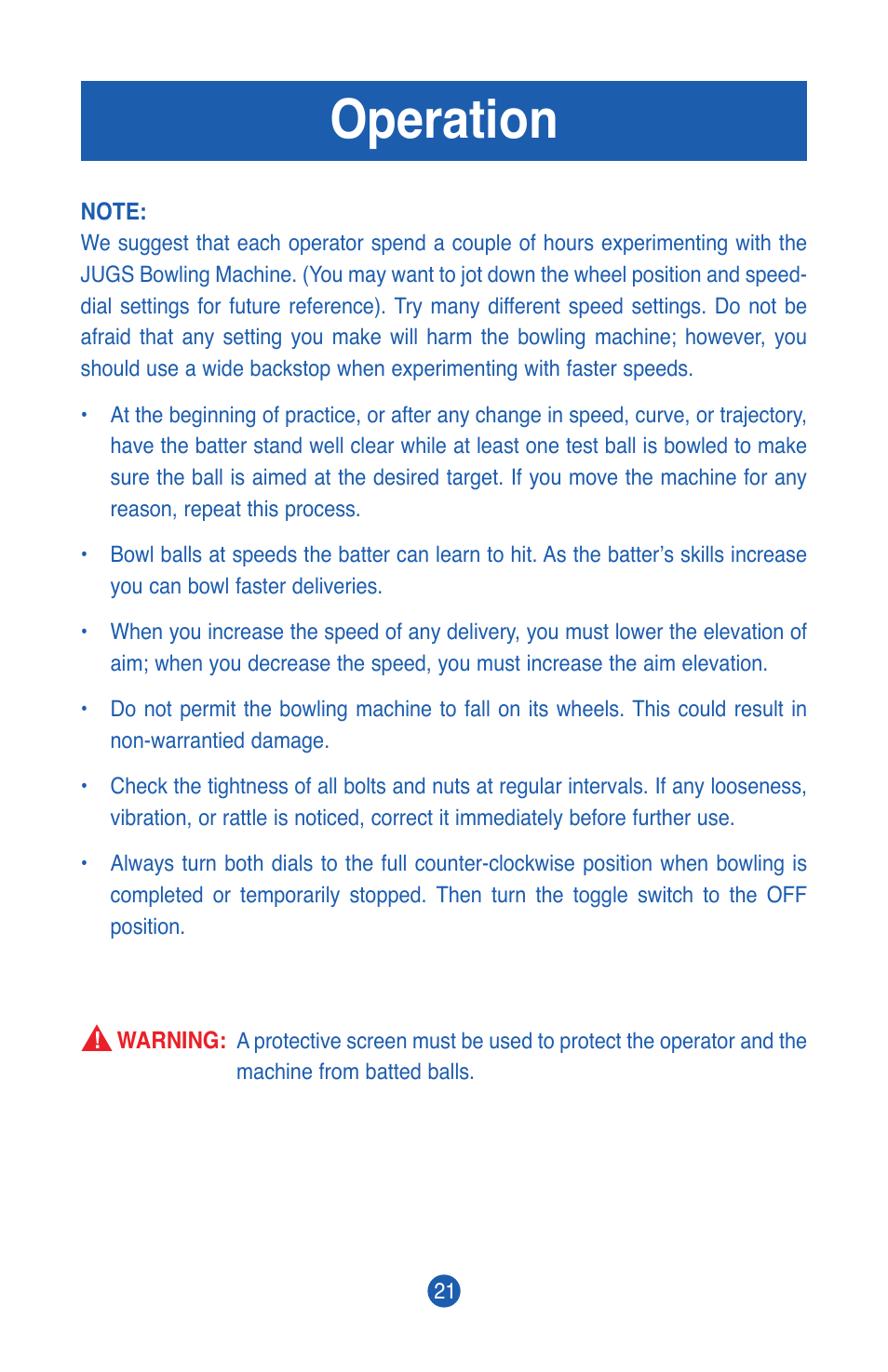 Operation | JUGS Sports Cricket Bowling Machine User Manual | Page 23 / 32