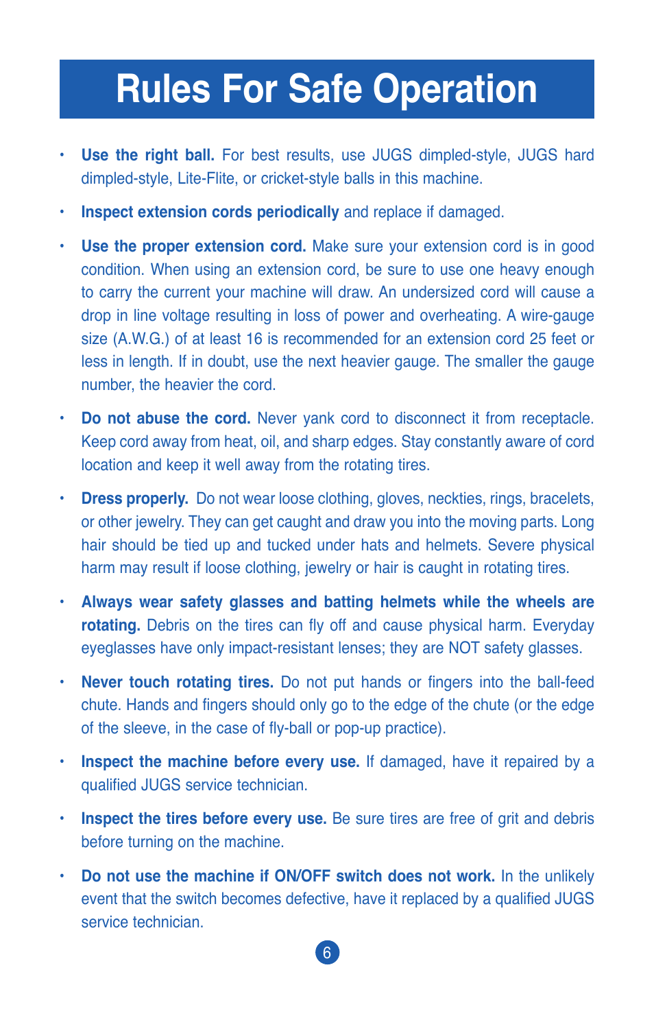 Rules for safe operation | JUGS Sports Cricket Bowling Machine User Manual | Page 8 / 32