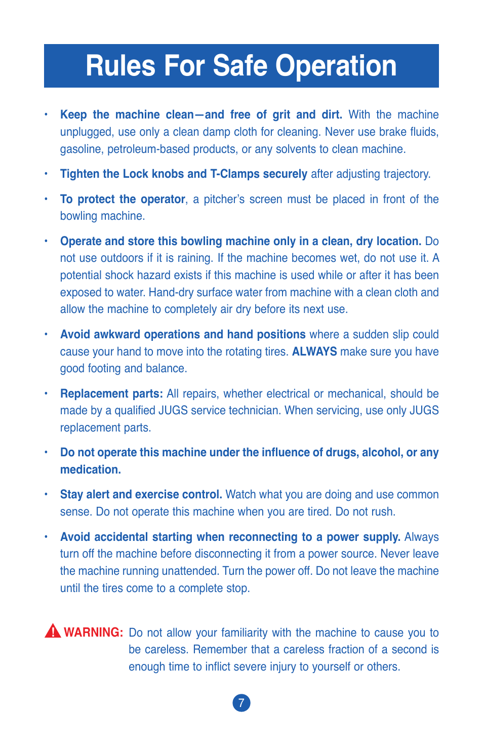 Rules for safe operation | JUGS Sports Cricket Bowling Machine User Manual | Page 9 / 32