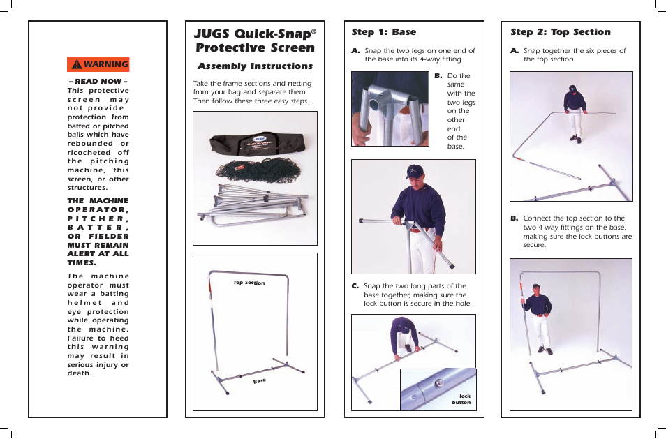 Jugs quick-snap, Protective screen, Step 1: base | Assembly instructions | JUGS Sports Baseman Screen User Manual | Page 2 / 2
