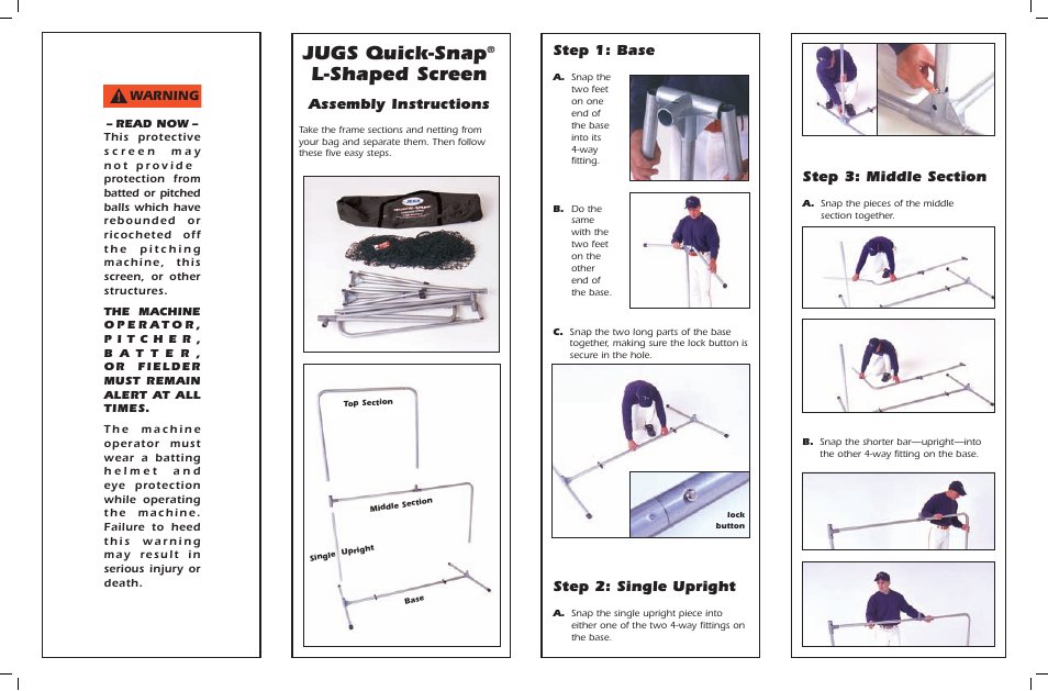 Jugs quick-snap, L-shaped screen, Step 1: base | Step 2: single upright, Assembly instructions, Warning | JUGS Sports L-Shaped Screen User Manual | Page 2 / 2