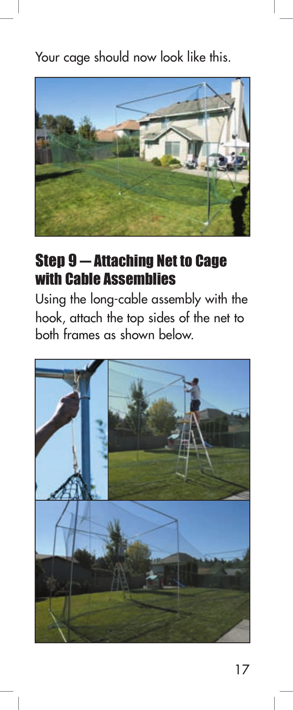 Step 9, Attaching net to cage with cable assemblies | JUGS Sports Portable Free-Standing Sports Cage User Manual | Page 17 / 20