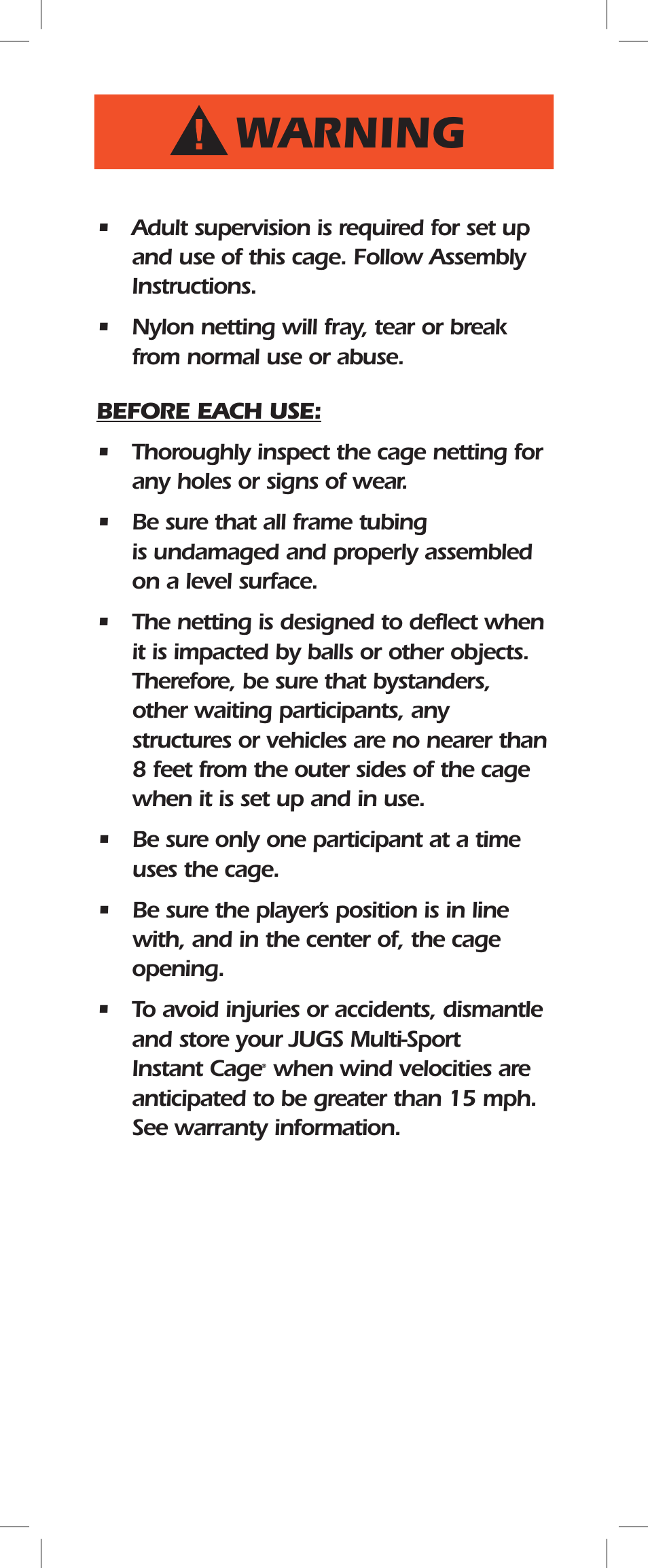 Warning | JUGS Sports Multi-Sport Cage User Manual | Page 2 / 16