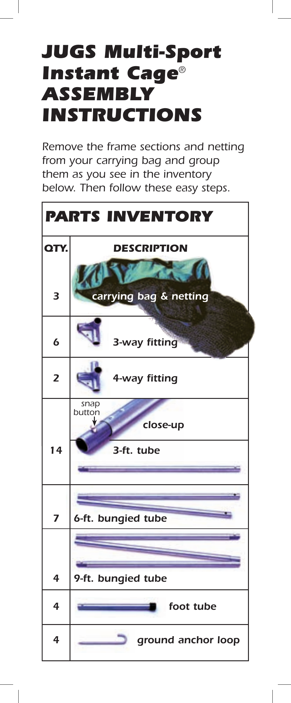 Jugs multi-sport instant cage, Assembly instructions, Parts inventory | JUGS Sports Multi-Sport Cage User Manual | Page 3 / 16