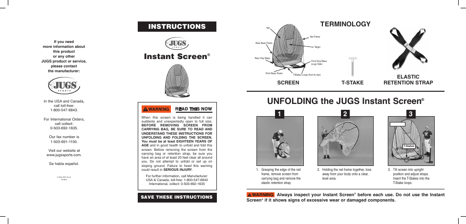 JUGS Sports Instant Screen User Manual | 2 pages