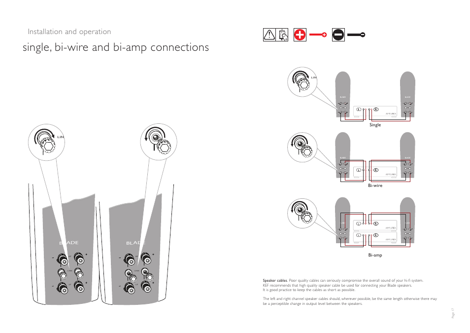 Single, bi-wire and bi-amp connections, Installation and operation | KEF BLADE TWO User Manual | Page 9 / 13