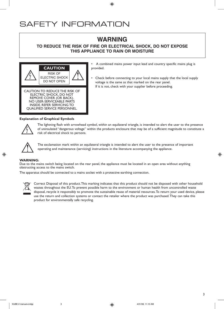 Warning | KEF Kube 2 User Manual | Page 3 / 24