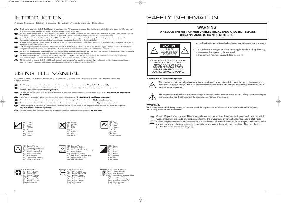 Safety information, Introduction, Using the manual | Warning, Caution | KEF Kube 1 User Manual | Page 2 / 9