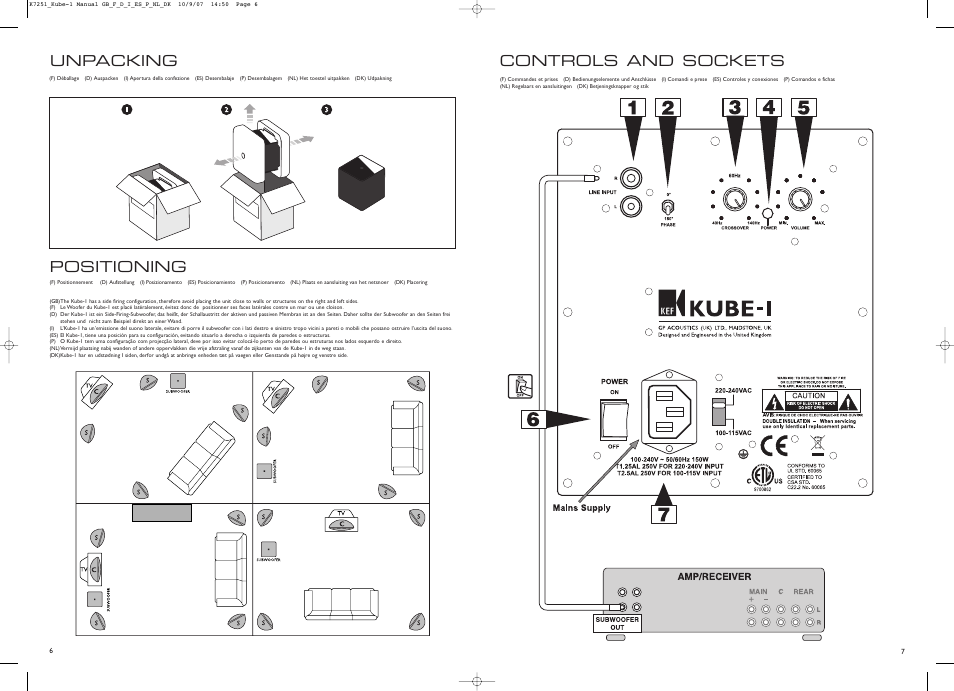 Controls and sockets, Unpacking, Positioning | KEF Kube 1 User Manual | Page 4 / 9