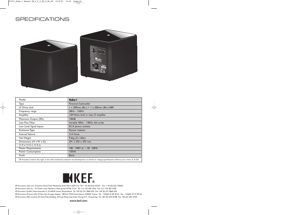 Specifications | KEF Kube 1 User Manual | Page 9 / 9