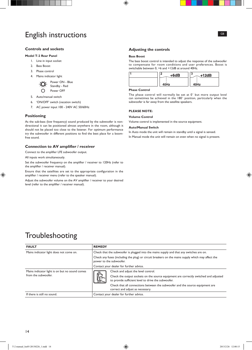 English instructions, Troubleshooting | KEF T Series User Manual | Page 14 / 32