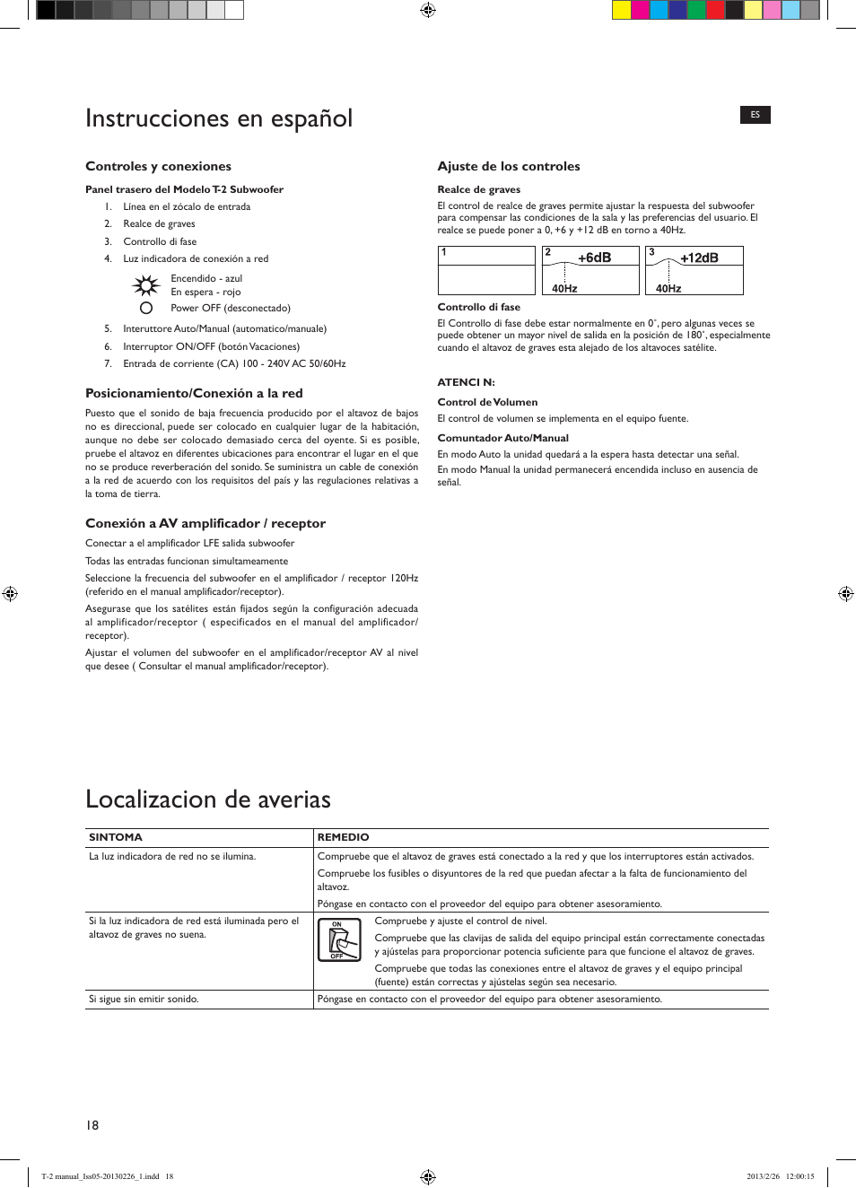 Instrucciones en español, Localizacion de averias | KEF T Series User Manual | Page 18 / 32