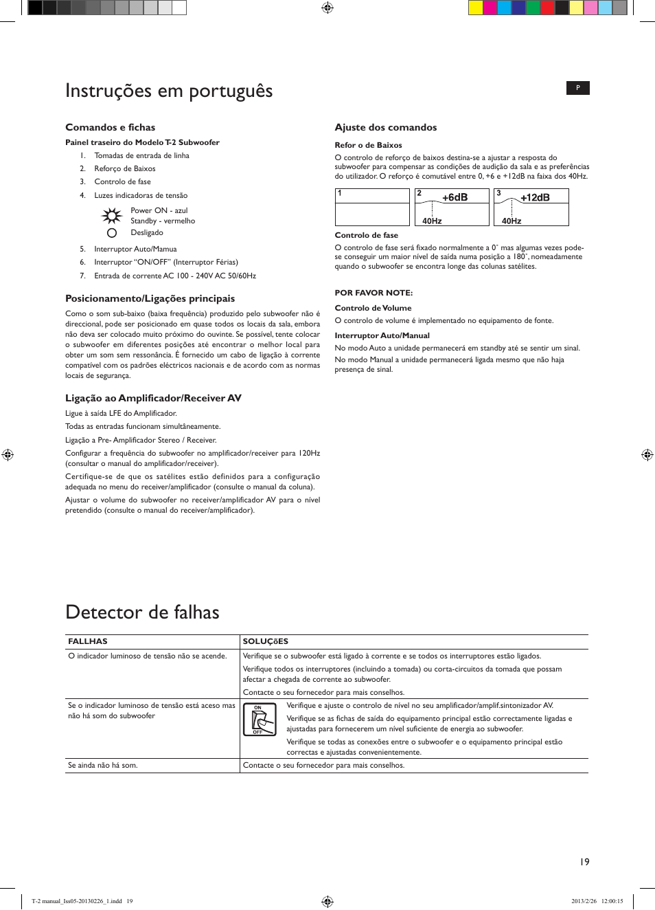 Instruções em português, Detector de falhas | KEF T Series User Manual | Page 19 / 32