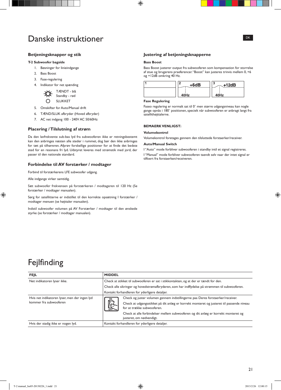 Danske instruktioner, Fejlfinding | KEF T Series User Manual | Page 21 / 32