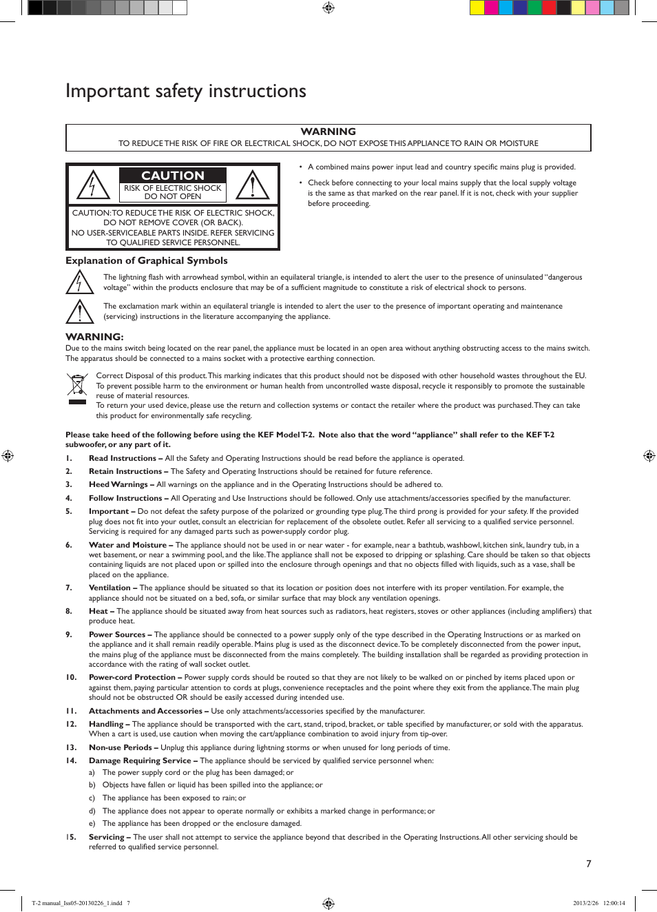 Important safety instructions, Caution | KEF T Series User Manual | Page 7 / 32