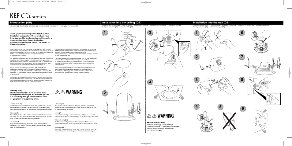 Installation into the ceiling (gb), Introduction (gb), Installation into the wall (gb) | Wire connections | KEF Ci100QR User Manual | Page 2 / 2