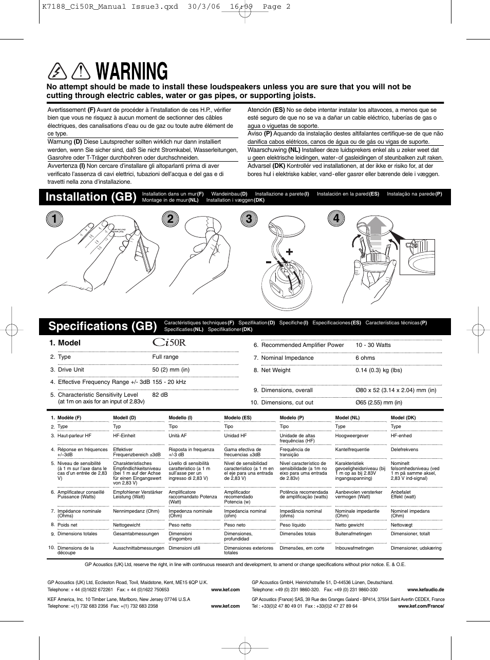 Specifications (gb), Installation (gb), Model | KEF Ci50R User Manual | Page 2 / 2