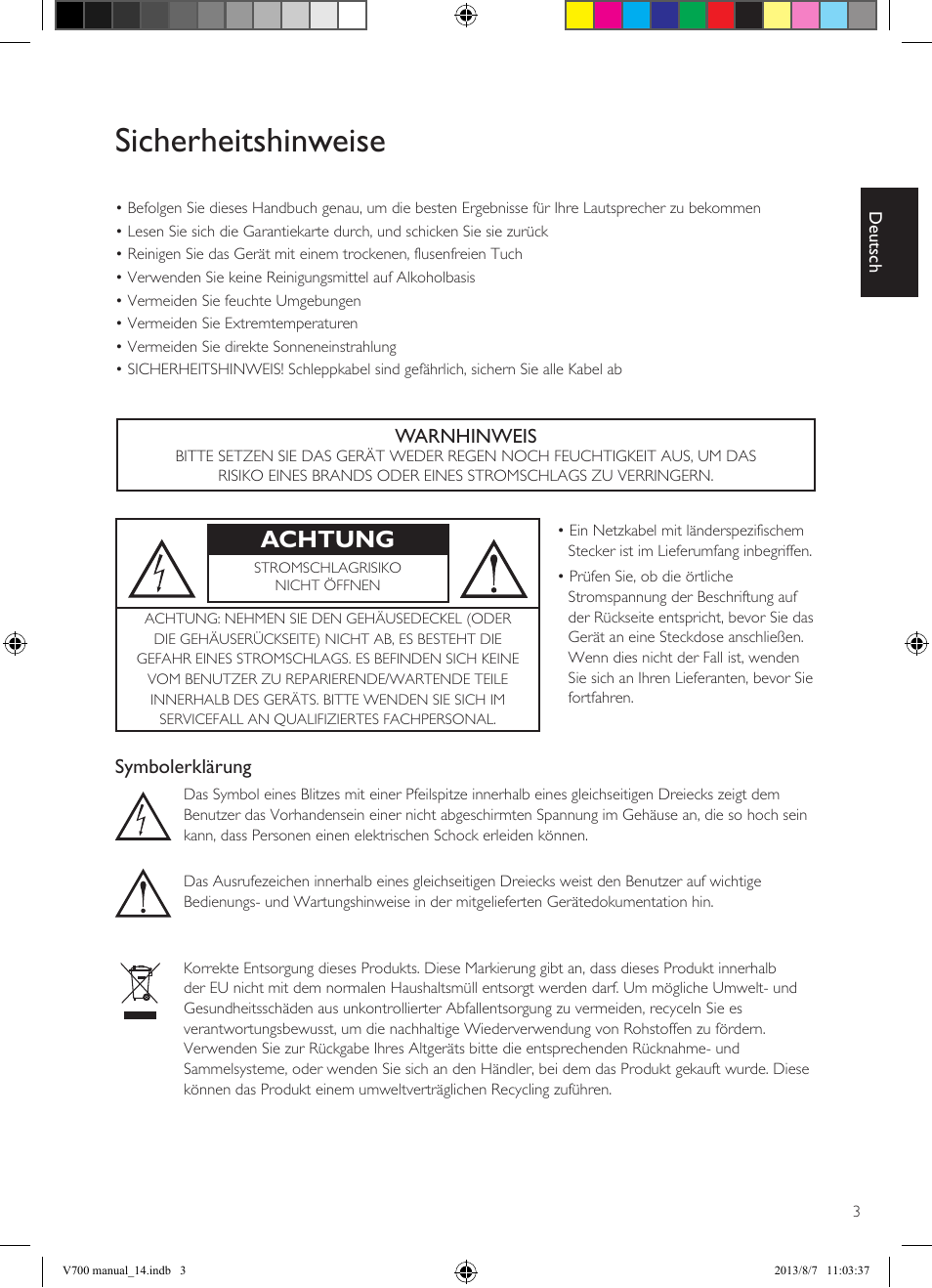 Sicherheitshinweise, Achtung | KEF V700 User Manual | Page 13 / 64