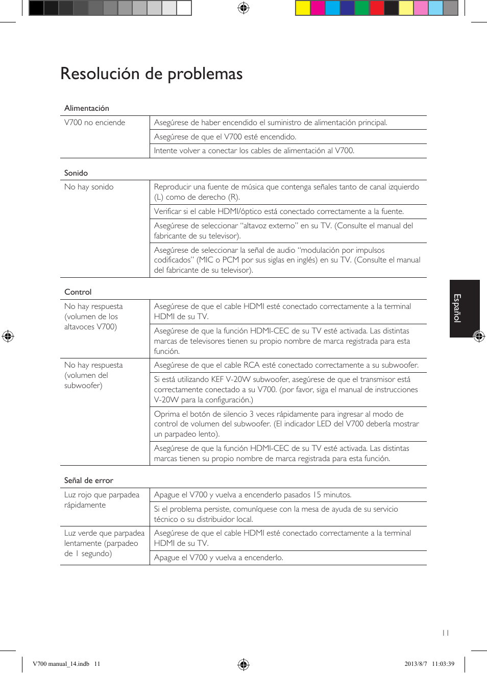 Resolución de problemas | KEF V700 User Manual | Page 51 / 64