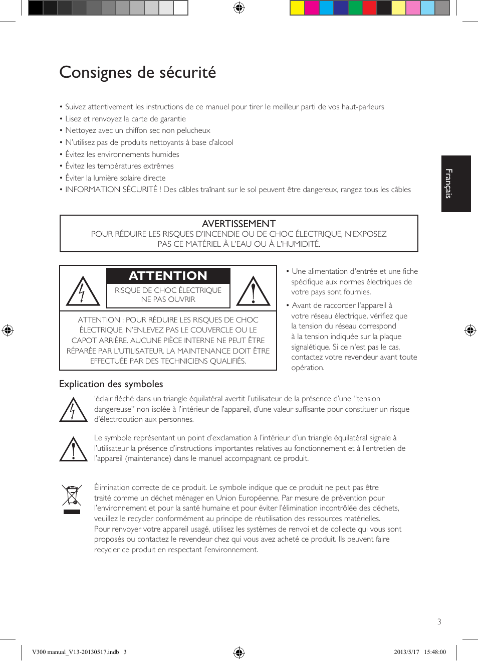 Consignes de sécurité, Attention | KEF V300 User Manual | Page 27 / 76