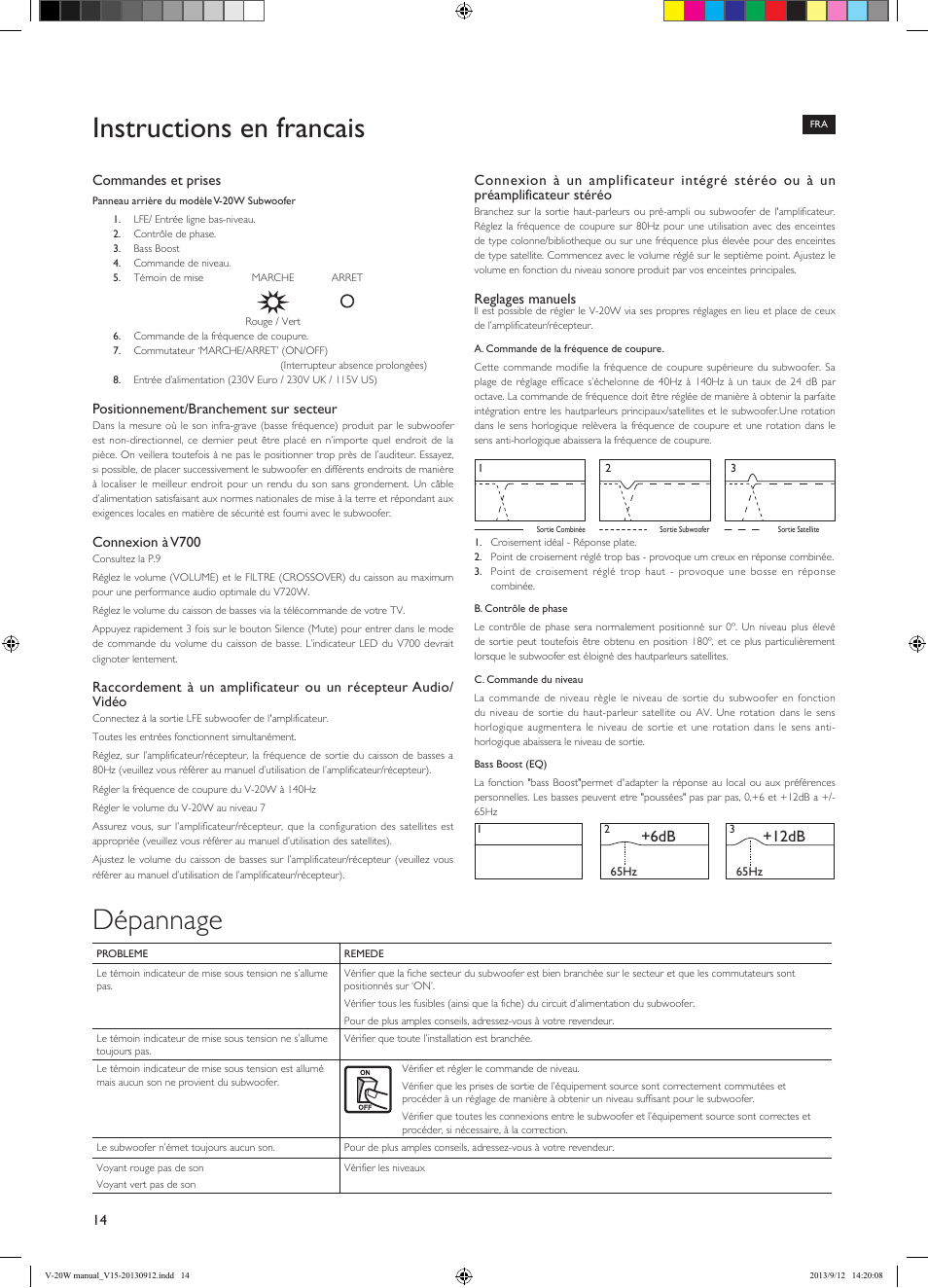 Instructions en francais, Dépannage, 6db +12db | KEF V-20W User Manual | Page 14 / 20