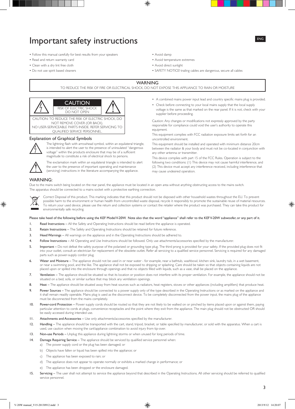 Important safety instructions, Caution | KEF V-20W User Manual | Page 3 / 20