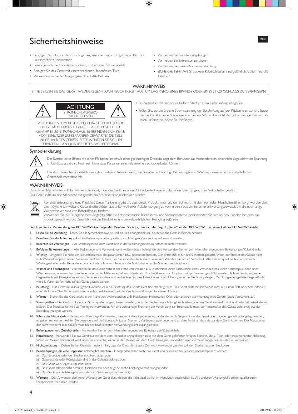 Sicherheitshinweise, Achtung | KEF V-20W User Manual | Page 4 / 20
