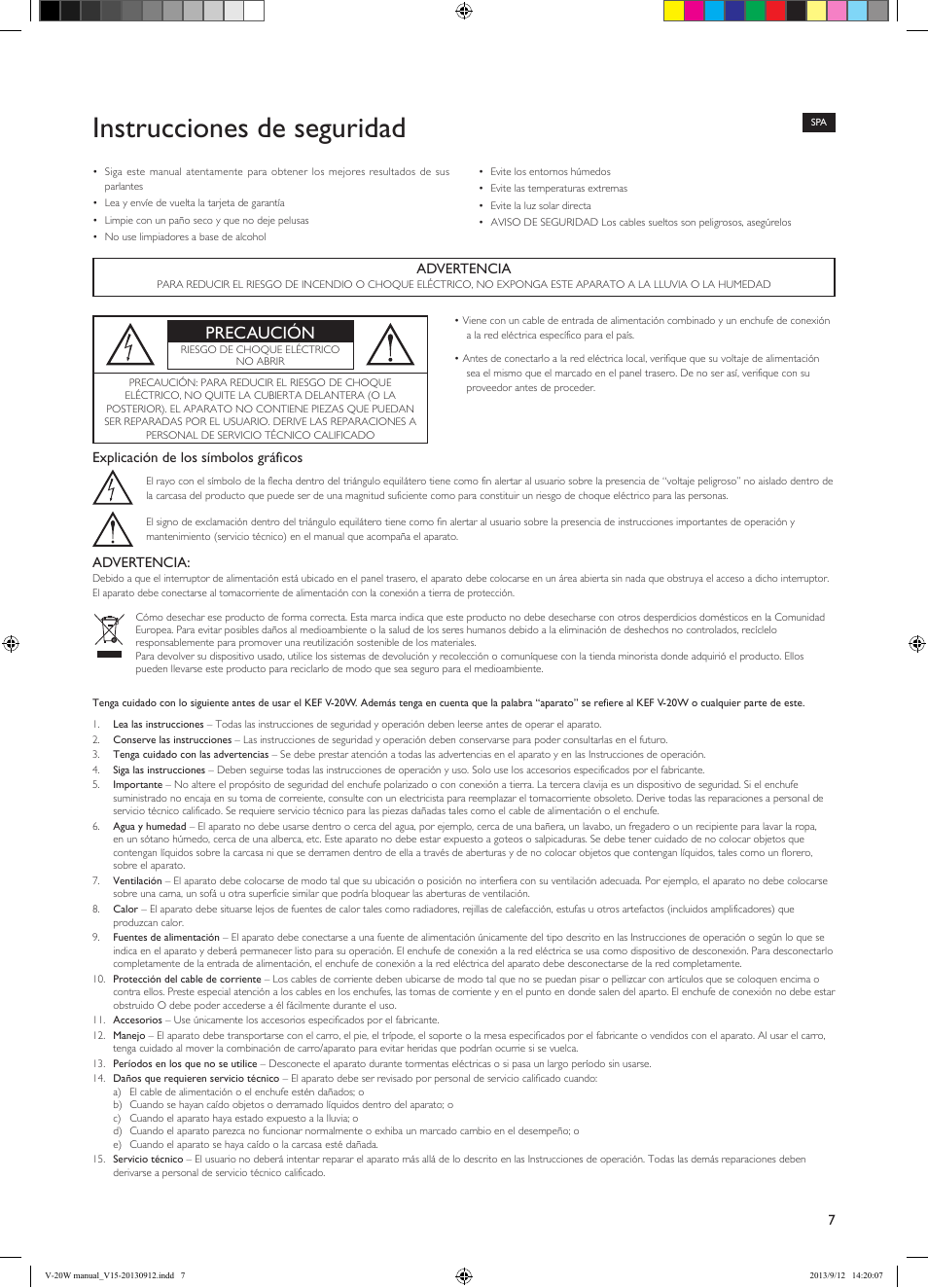 Instrucciones de seguridad, Precaución | KEF V-20W User Manual | Page 7 / 20