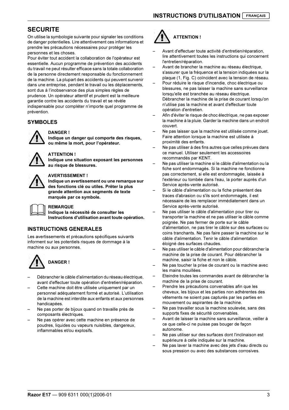 Securite, Instructions d'utilisation | Kent Razo E17 User Manual | Page 17 / 52