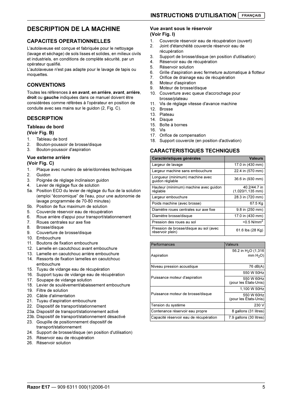 Description de la machine, Instructions d'utilisation, Capacites operationnelles | Conventions, Description, Caracteristiques techniques | Kent Razo E17 User Manual | Page 19 / 52