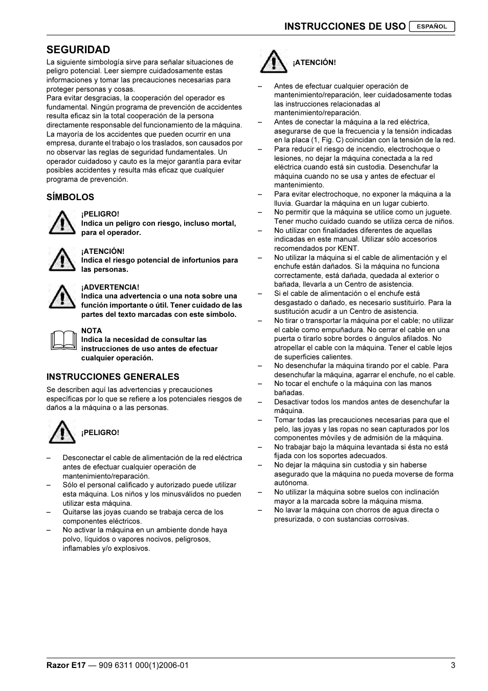 Seguridad, Instrucciones de uso | Kent Razo E17 User Manual | Page 29 / 52