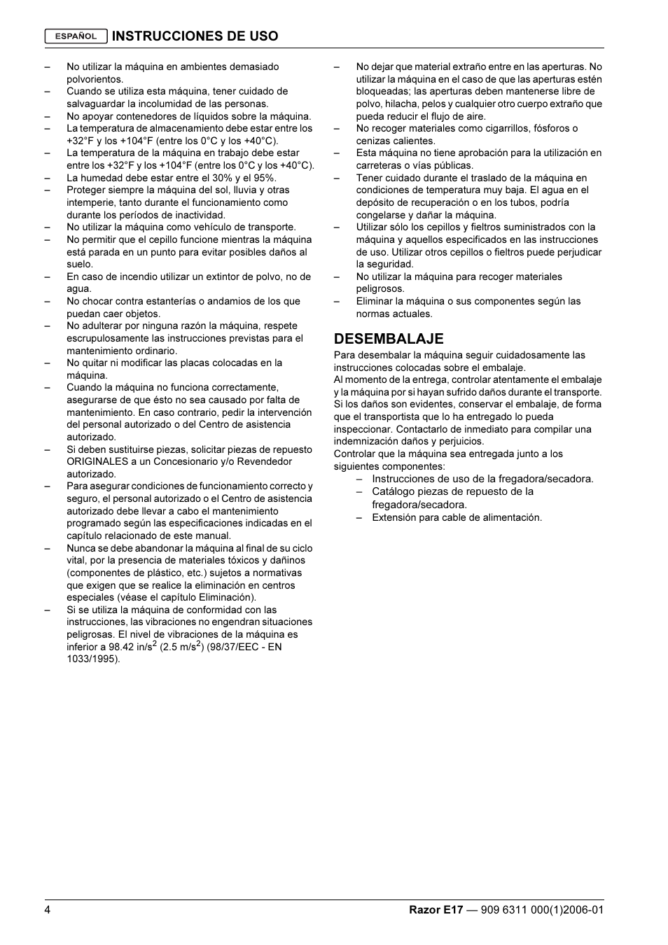Desembalaje, Instrucciones de uso | Kent Razo E17 User Manual | Page 30 / 52
