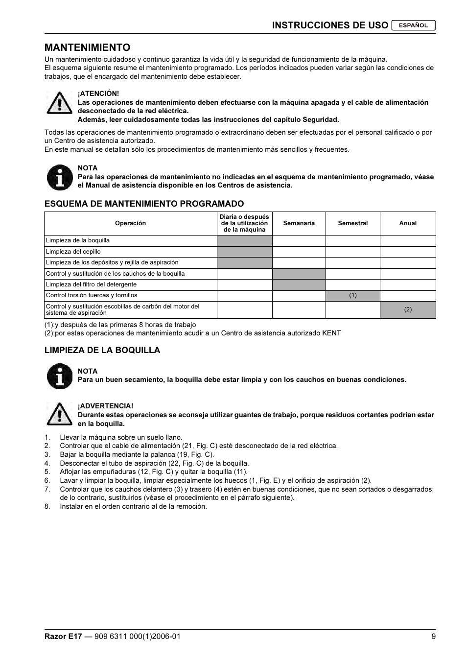 Mantenimiento, Instrucciones de uso | Kent Razo E17 User Manual | Page 35 / 52