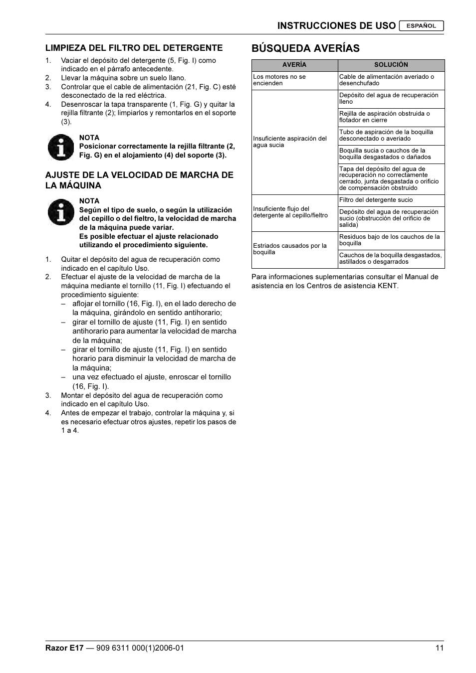 Búsqueda averías, Instrucciones de uso | Kent Razo E17 User Manual | Page 37 / 52