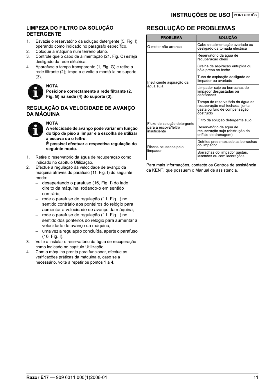 Resolução de problemas, Instruções de uso | Kent Razo E17 User Manual | Page 49 / 52