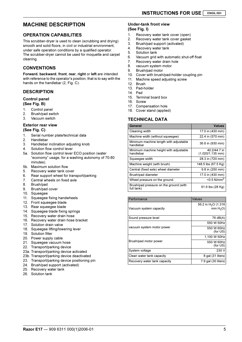 Machine description, Instructions for use, Operation capabilities | Conventions, Description, Technical data | Kent Razo E17 User Manual | Page 7 / 52