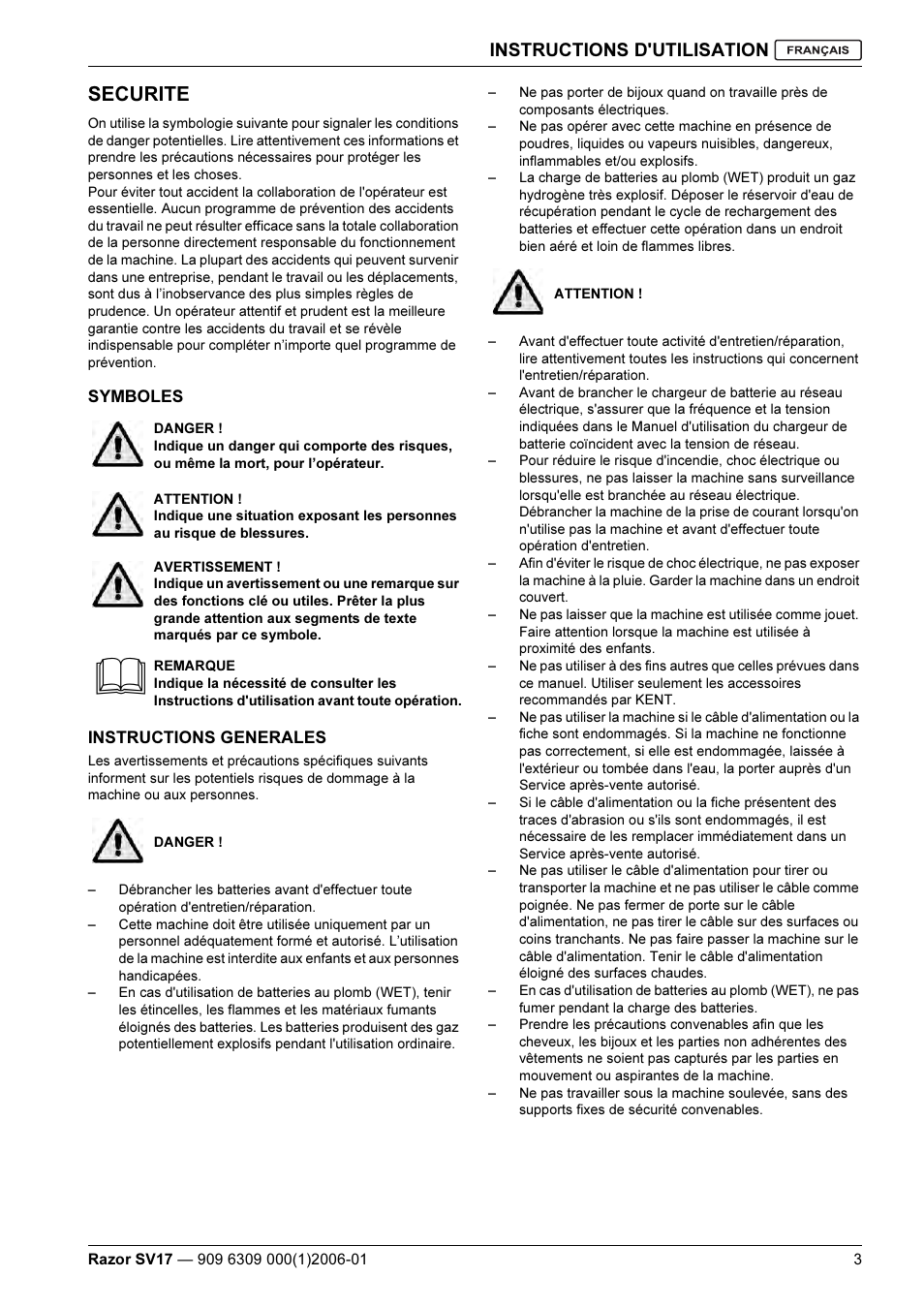 Securite, Instructions d'utilisation | Kent Razo SV17 User Manual | Page 19 / 60