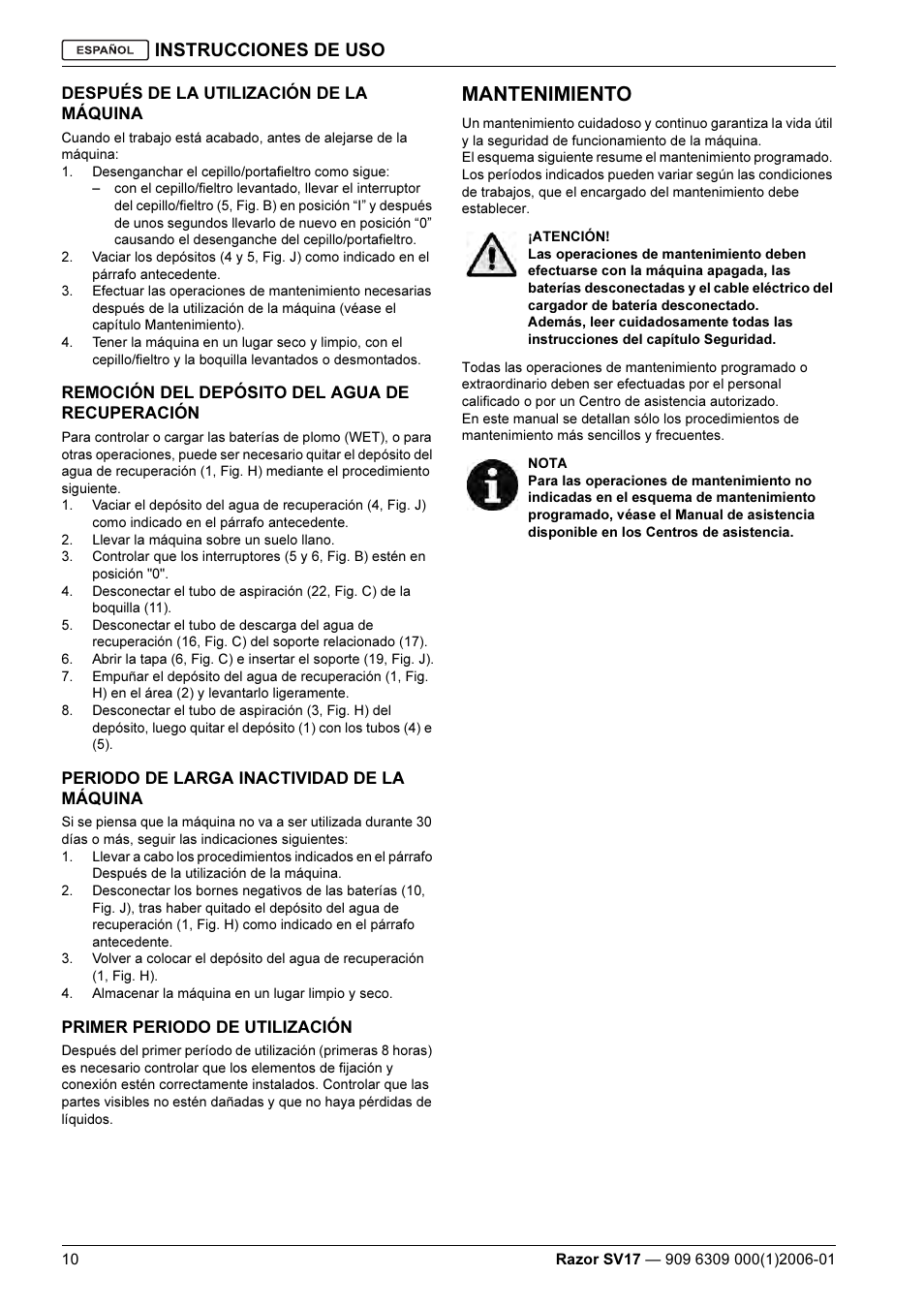 Mantenimiento, Instrucciones de uso | Kent Razo SV17 User Manual | Page 40 / 60