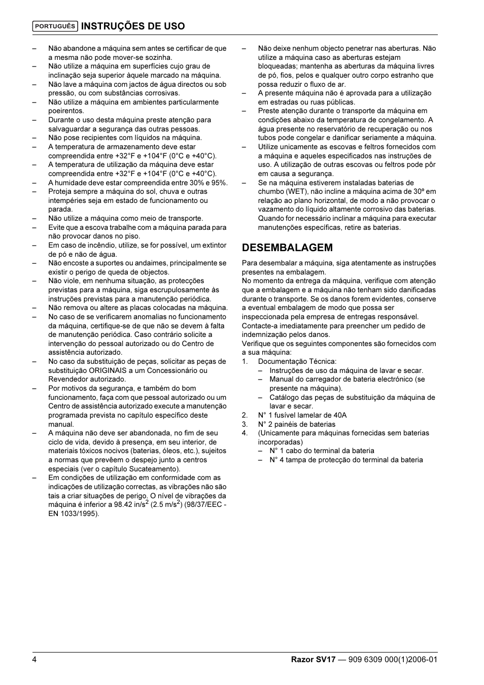 Desembalagem, Instruções de uso | Kent Razo SV17 User Manual | Page 48 / 60