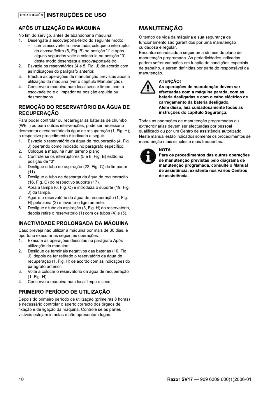 Manutenção, Instruções de uso | Kent Razo SV17 User Manual | Page 54 / 60