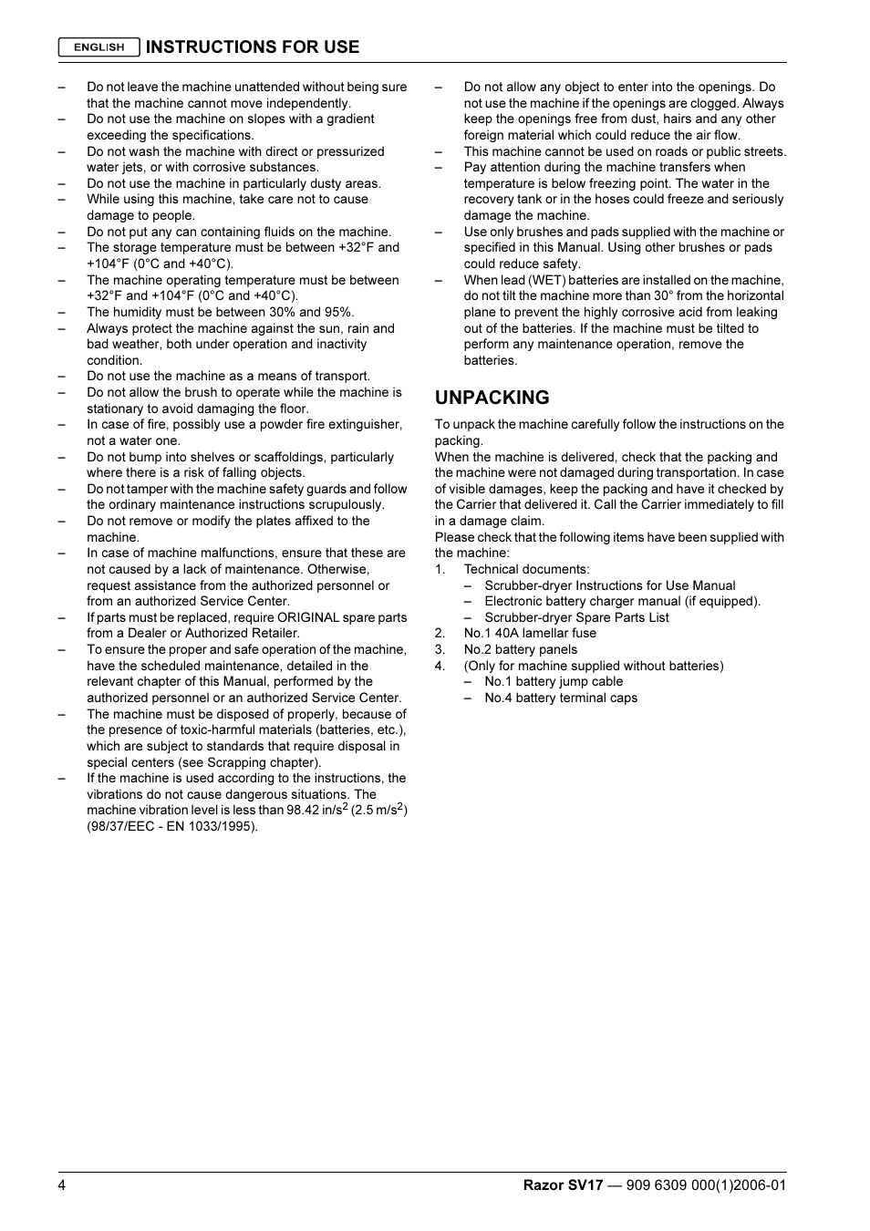 Unpacking, Instructions for use | Kent Razo SV17 User Manual | Page 6 / 60