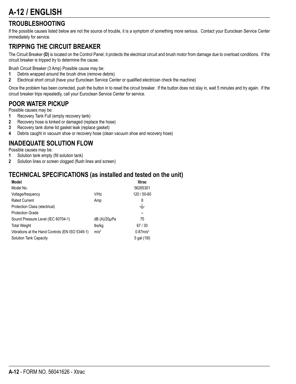 A-12 / english, Troubleshooting, Tripping the circuit breaker | Poor water pickup, Inadequate solution flow | Kent Xtra User Manual | Page 14 / 28