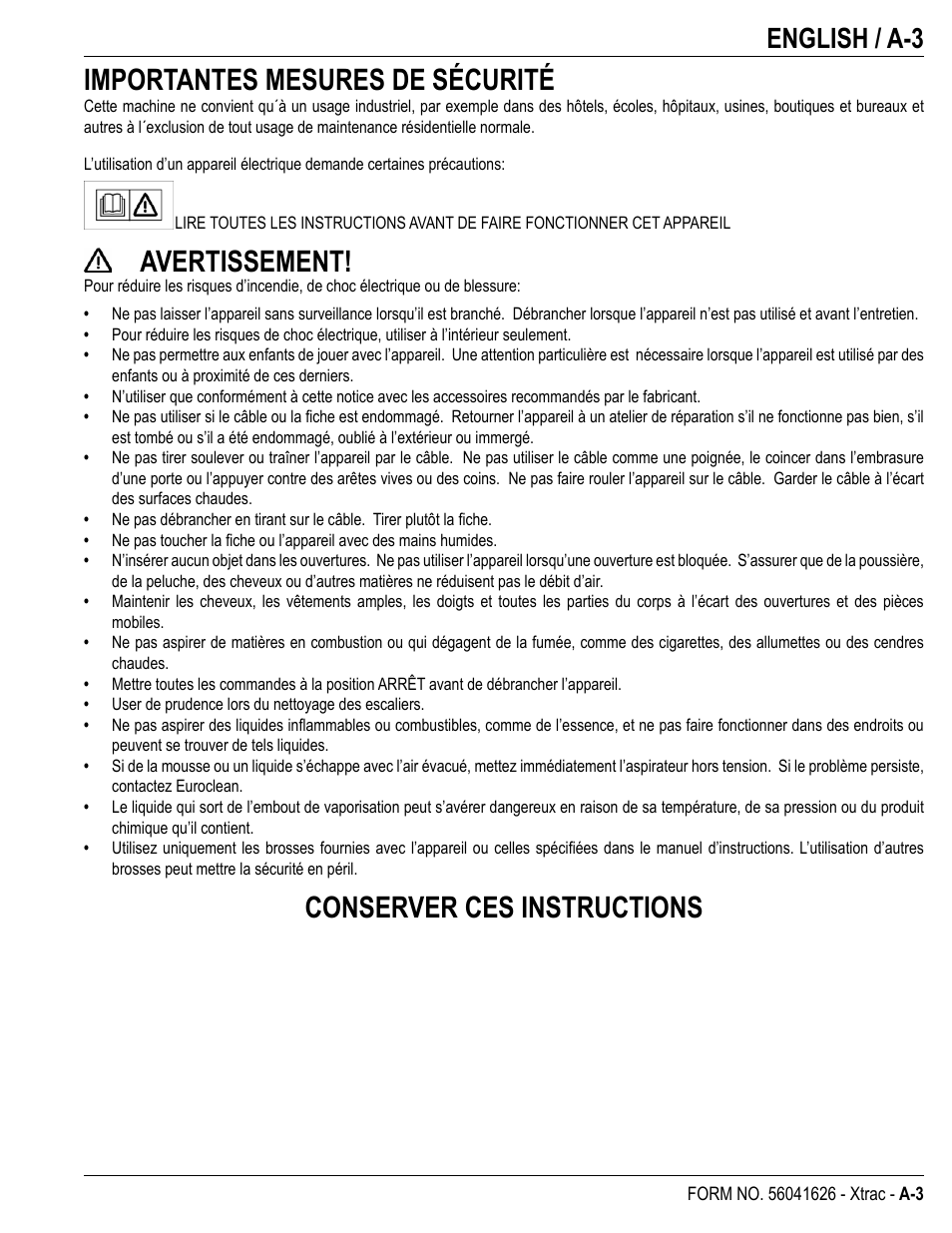 Importantes mesures de sécurité, Avertissement, Conserver ces instructions | English / a-3 | Kent Xtra User Manual | Page 5 / 28