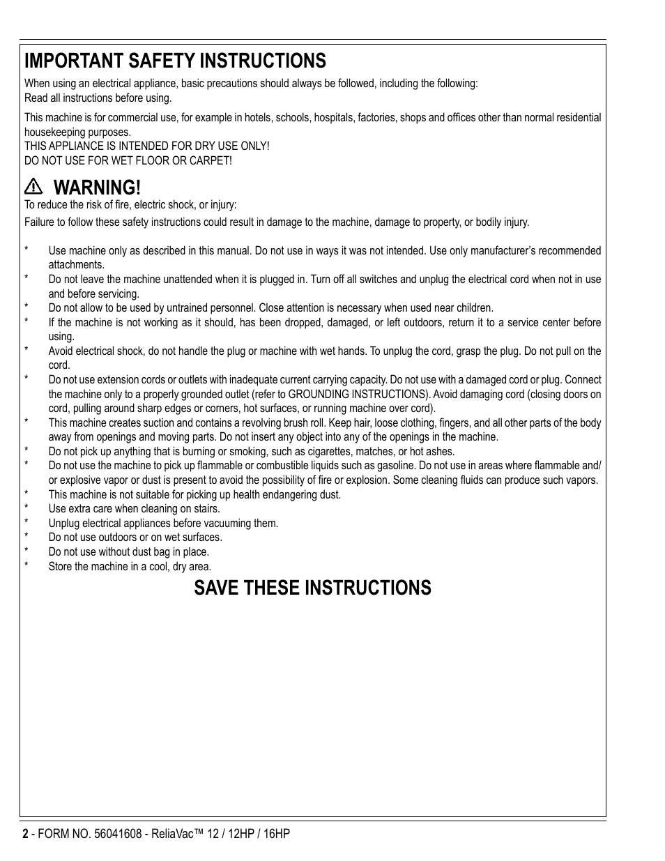 Important safety instructions, Warning, Save these instructions | Kent ReliaVa 12 User Manual | Page 2 / 12