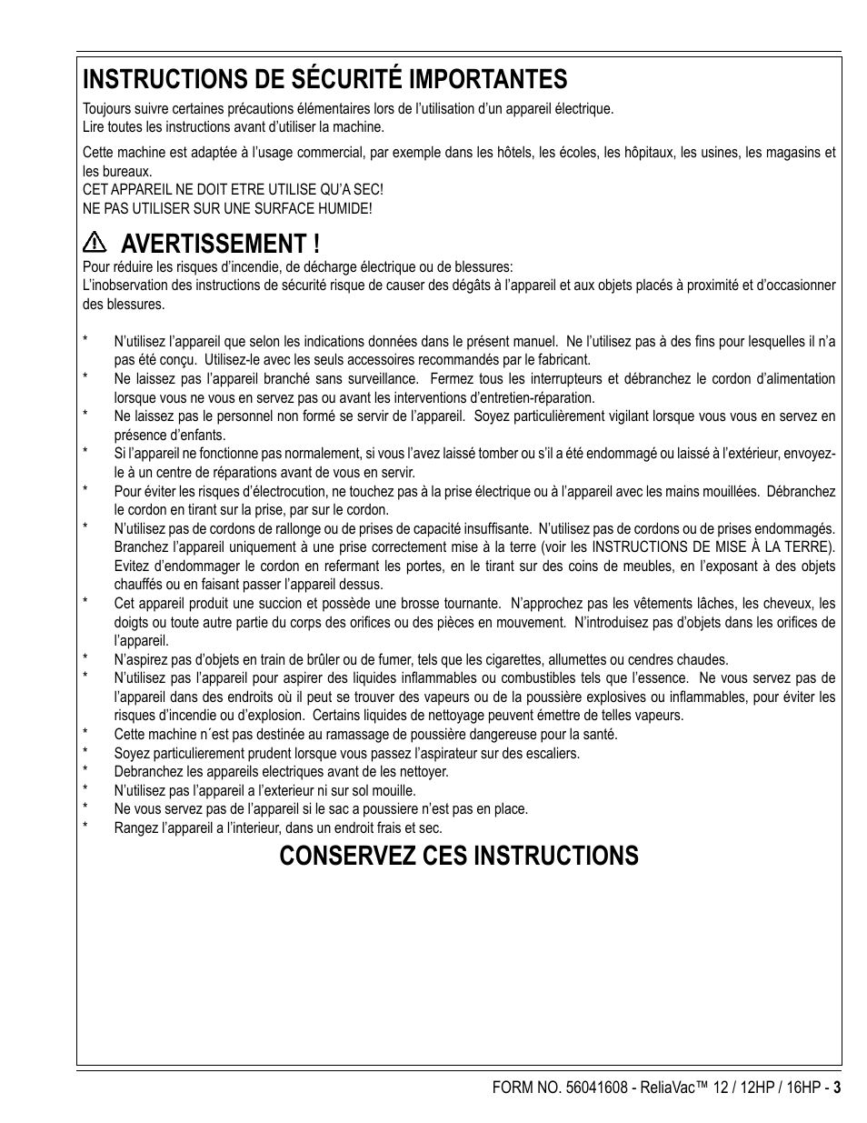 Instructions de sécurité importantes, Avertissement, Conservez ces instructions | Kent ReliaVa 12 User Manual | Page 3 / 12