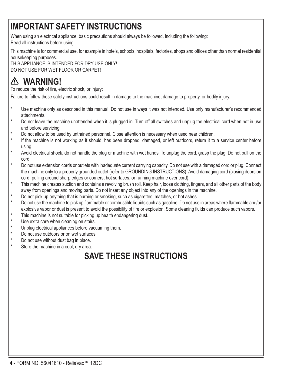 Important safety instructions, Warning, Save these instructions | Kent ReliaVa 12DC User Manual | Page 4 / 12
